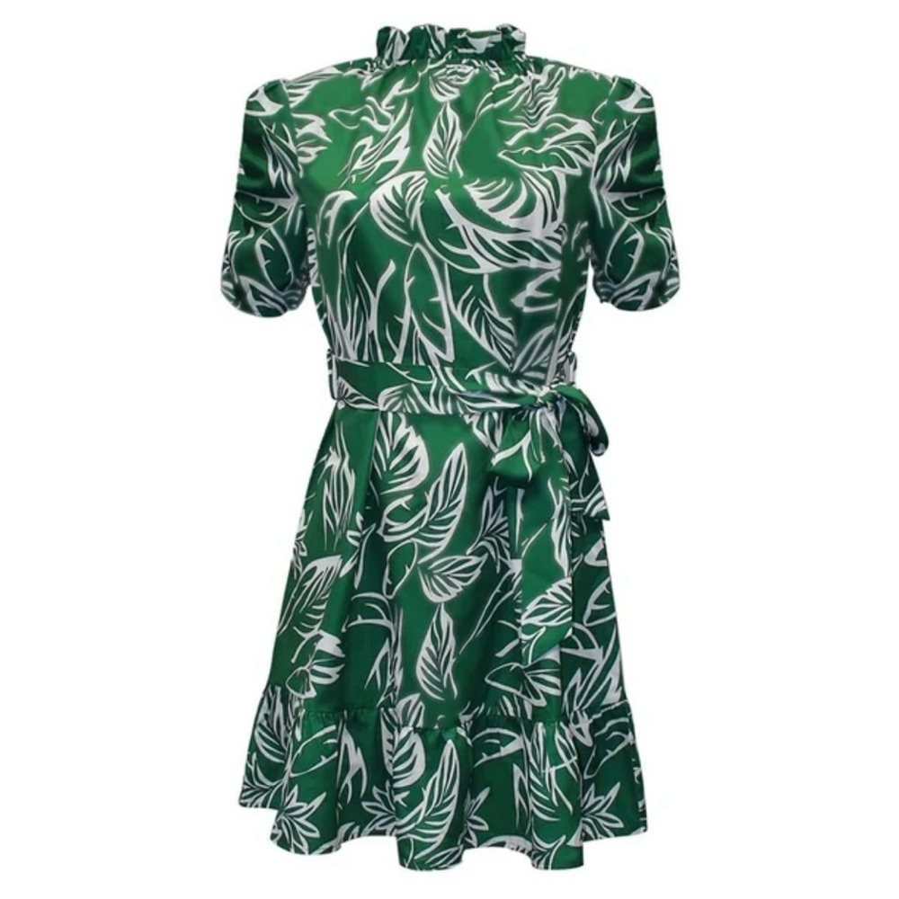THML Green and White Puff Sleeve Mini Dress